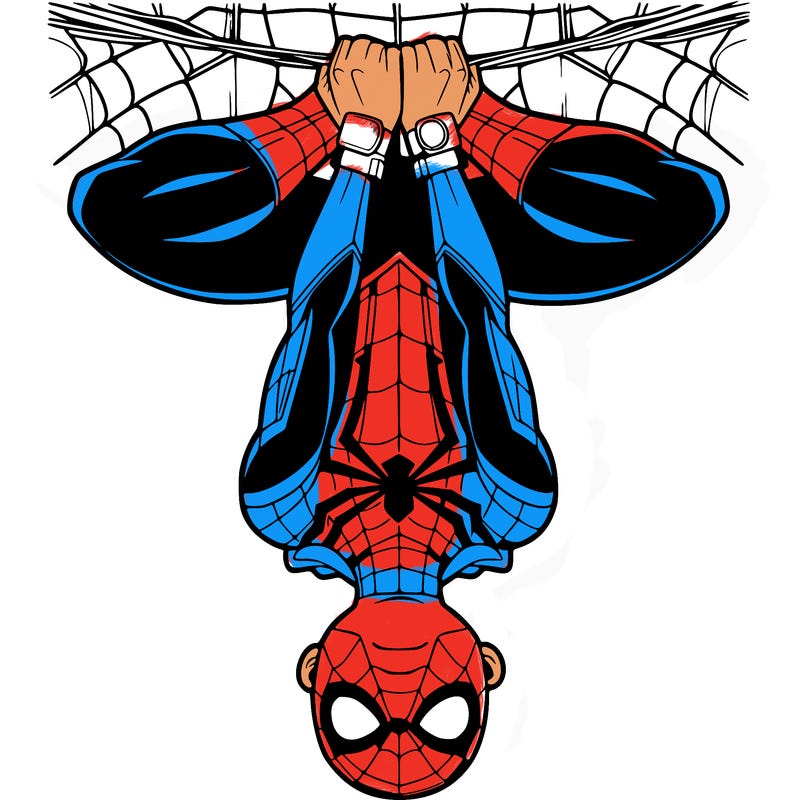 spiderman hanging on his web upside-down