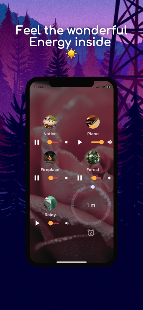 Nature Sounds : Relax & Calm - Interfaz de la app Sonidos de la Naturaleza mostrando controles de mezcla de sonido para flauta nativa, piano, chimenea, bosque y sonidos de lluvia con deslizadores de volumen y un temporizador de sueño