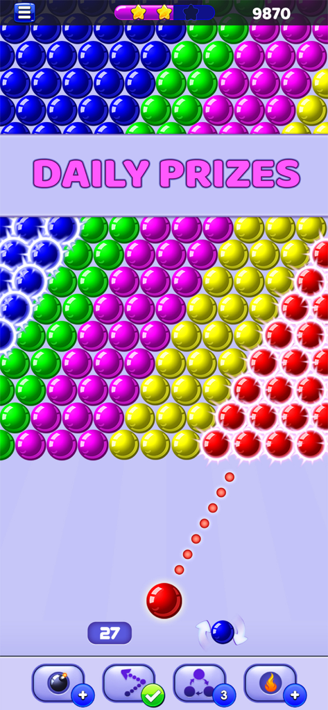 Bubble Shooter: Pop & Blast - Gameplay von Bubble Shooter Pop and Blast, das eine rote Blase zeigt, die auf farbige Blasen und ein 'Daily Prizes'-Banner gezielt wird.