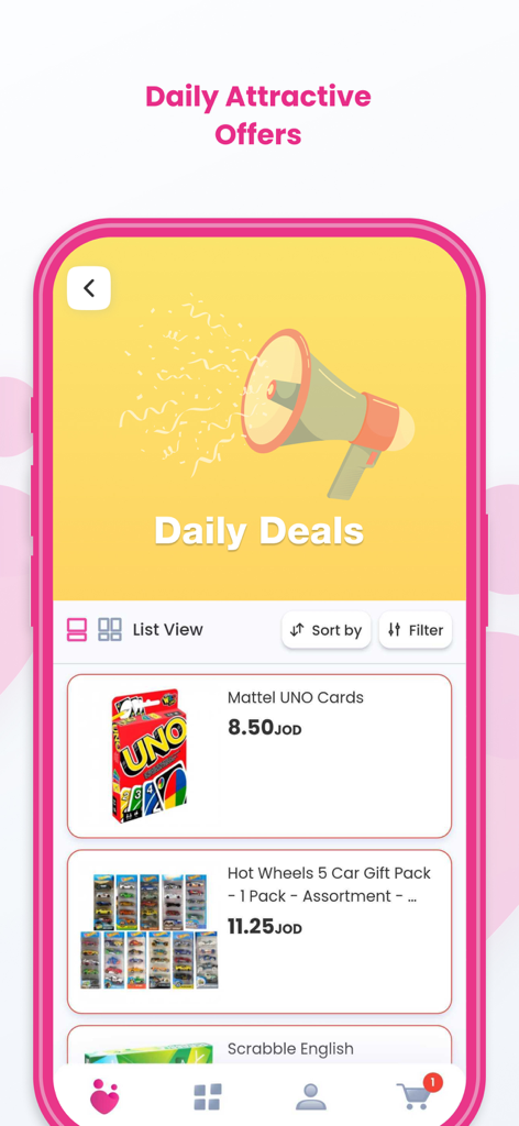 Dumyah - Online Shopping - Dumyah app screen showing daily deals and discounted toys like UNO and Hot Wheels