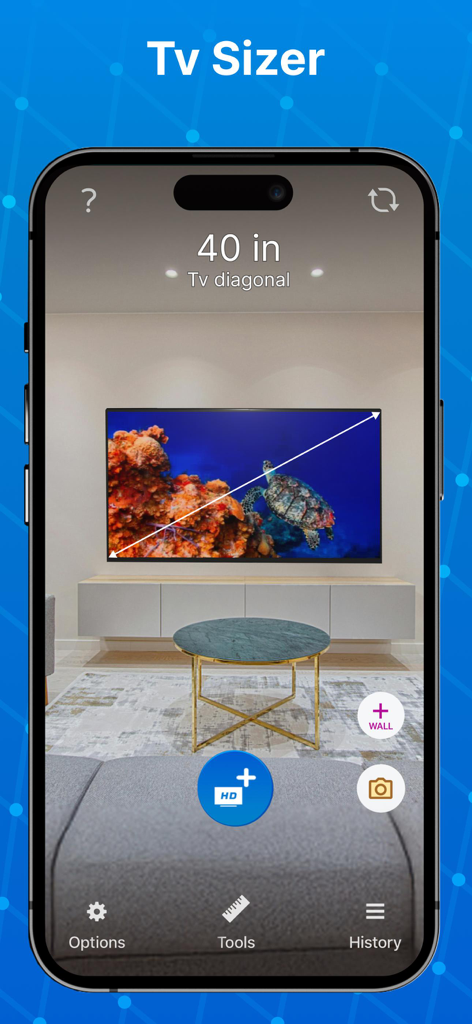Smartphone screen showing the Tape Measure app AR TV sizer feature measuring a virtual 40 inch television on a wall