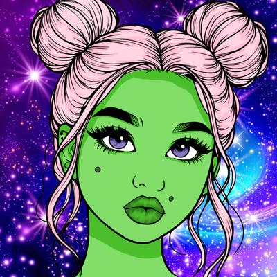realistic girl with two buns on her hair and lips