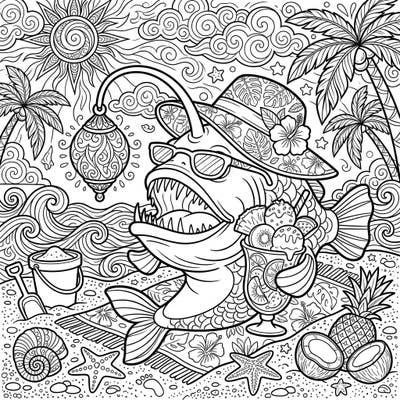 Unwind with this unique adult coloring page featuring an anglerfish enjoying a whimsical summer vacation on a sunny beach. Immerse yourself in intricate details, from tropical drinks to ocean waves, perfect for creative relaxation.
