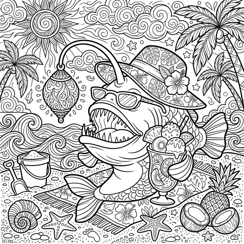 Unwind with this unique adult coloring page featuring an anglerfish enjoying a whimsical summer vacation on a sunny beach. Immerse yourself in intricate details, from tropical drinks to ocean waves, perfect for creative relaxation.