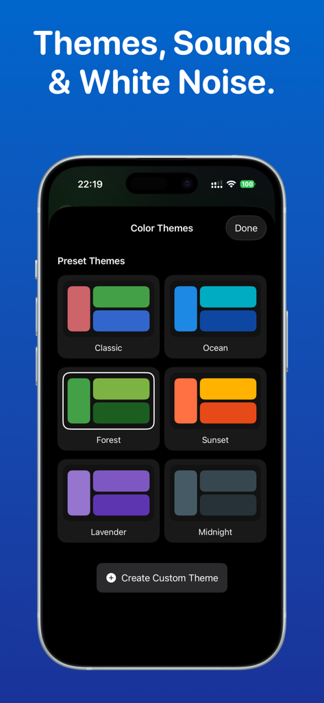 Interface for choosing aesthetic color themes like Forest and Ocean in the Pomodoro Focus Timer app