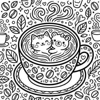 Sip into sweetness with this delightful Kawaii latte art coloring page, featuring two adorable animal friends nestled in coffee foam. Surrounded by charming coffee beans, hearts, and steam, this intricate design promises a relaxing and utterly cute coloring adventure.
