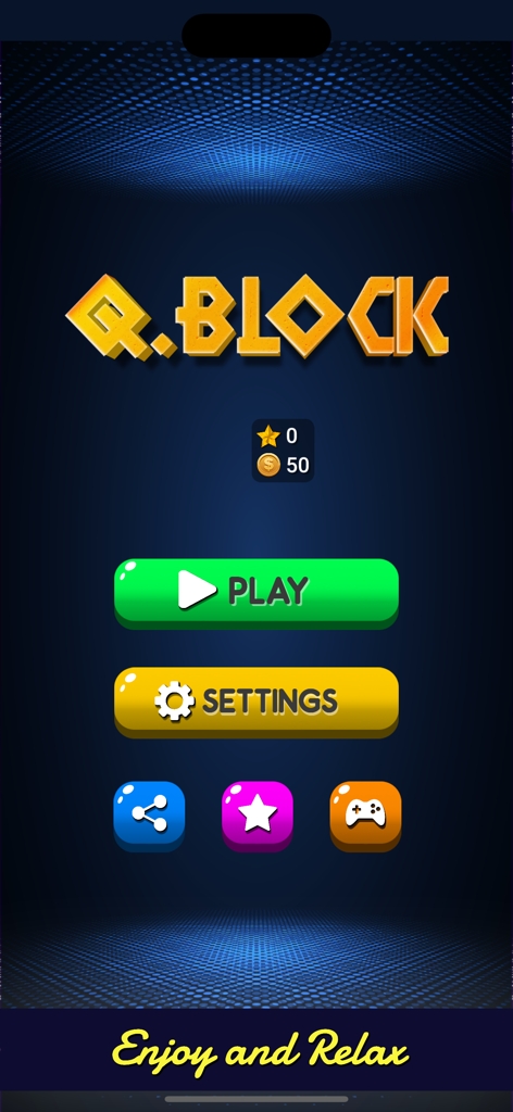 Q Block: Unblock Puzzle Board - Menu principal do Q Block Quebra-cabeça de Blocos Deslizantes com botões Jogar e Configurações