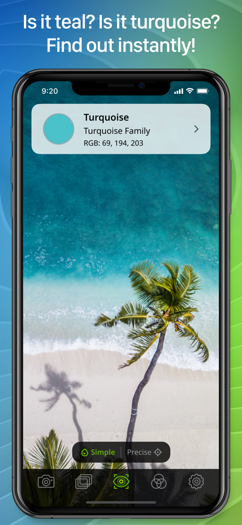 Color Name AR 앱이 열대 해변 사진에서 청록색을 식별하는 것을 보여주는 스마트폰 화면
