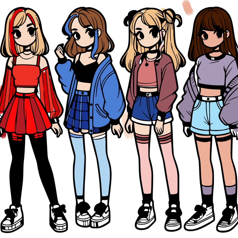 one girl with crop-top shirt and a jacket with a skirt, long socks and another girl with a shirt and pants with a jacket