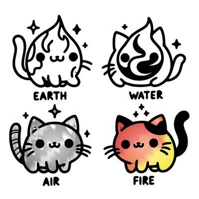 4 cats that represent the different elements, earth, water, air, and fire