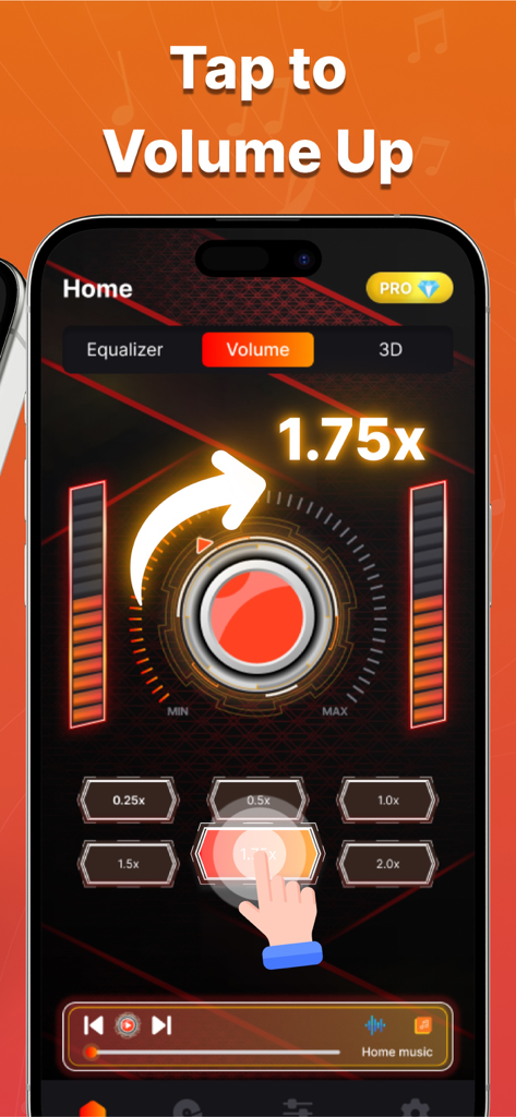 Volume Booster: Sound Booster - Screenshot of Volume Booster app showing the volume control interface with 1.75x boost selected