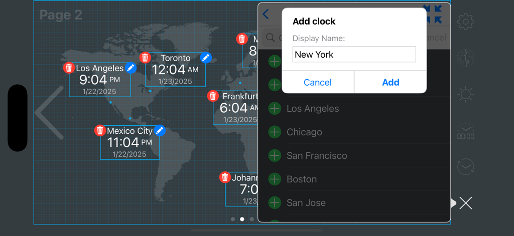Adding a new city clock to the world map dashboard in landscape mode