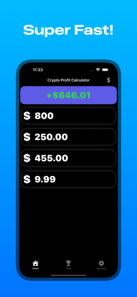 A mobile screen showing the Crypto Profit Loss Calculator app with a dark mode interface displaying a profit calculation of six hundred and forty six dollars.