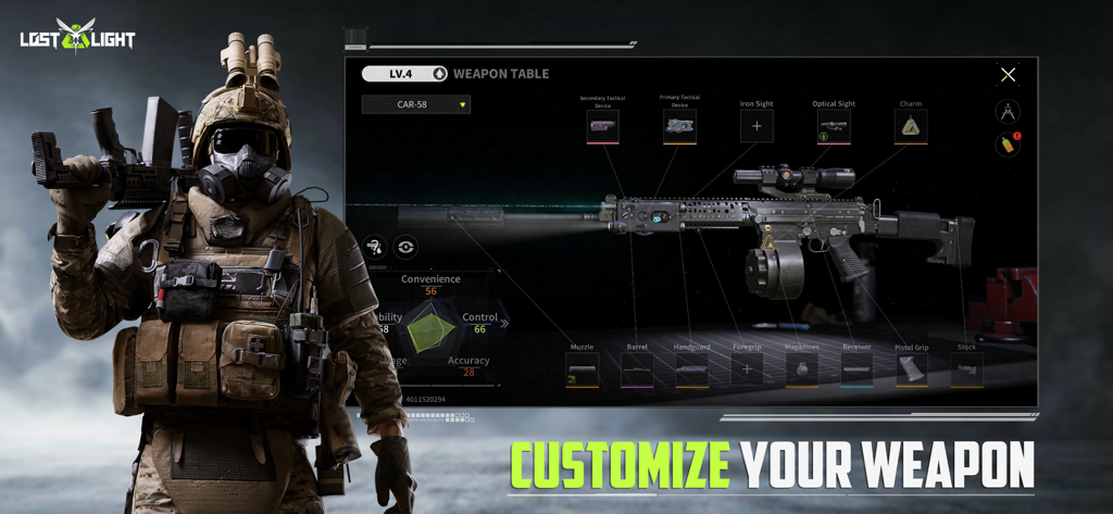 Lost Light: Weapon Skin Treat - Un soldato tattico si trova accanto a un'interfaccia di banco armi per personalizzare un fucile CAR-58 con varie parti in Lost Light