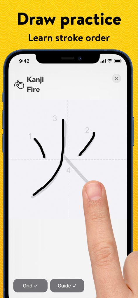 Learn Japanese Kanji: Benkyō - A user practicing Japanese Kanji handwriting on an iPhone screen showing stroke order guides in the Benkyō app