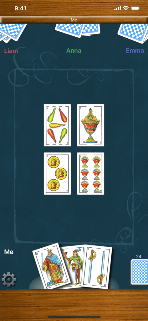 Scopa! - Pantalla móvil mostrando una partida de Scopa! con cartas regionales italianas tradicionales