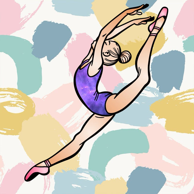gymnast doing a leap in a leotard with a bent back leg
