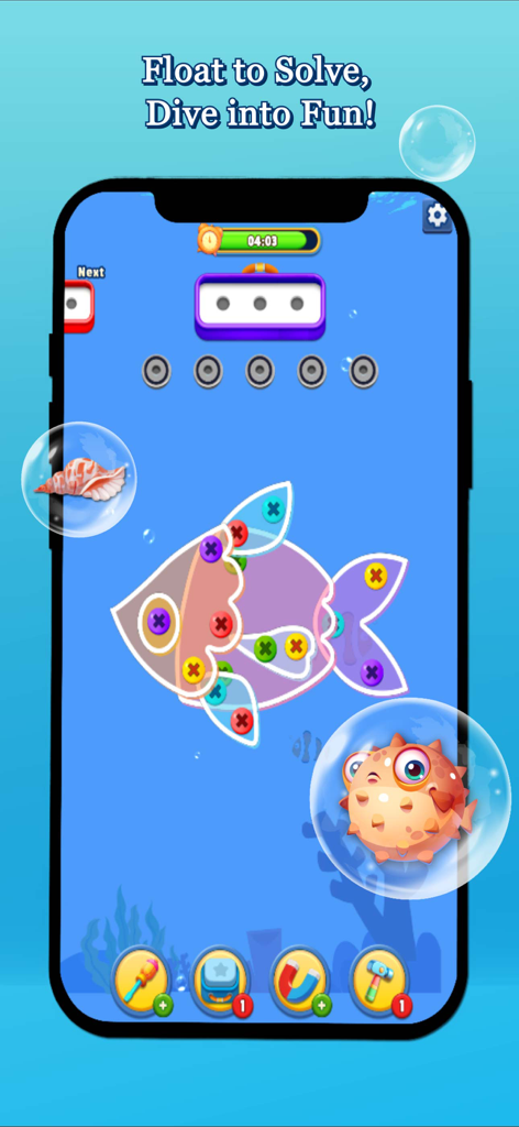 Screw Ocean: Match Revolution - Jugabilidad de Screw Ocean con un rompecabezas de tornillo con forma de pez bajo el agua