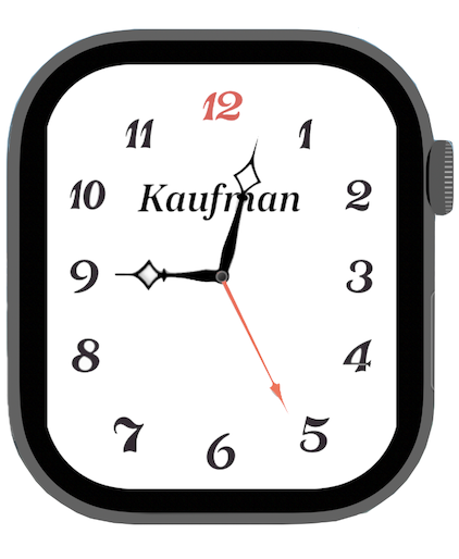 WatchDial - Un Apple Watch mostrando una esfera analógica vintage personalizada con el nombre Kaufman.