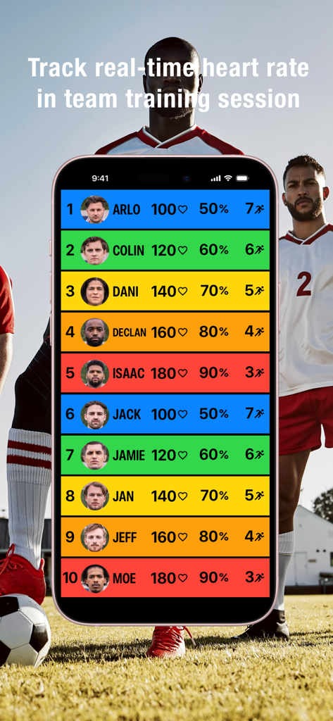 Team HR - App mobile Team HR che mostra dati di frequenza cardiaca in tempo reale per una squadra sportiva