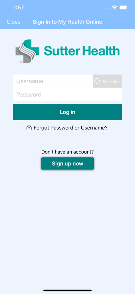 Sutter Health My Health Online - Sutter Health My Health Onlineモバイルアプリのログイン画面
