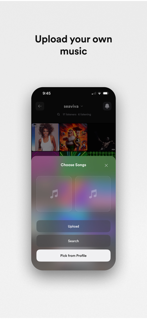 Lowkey Mashups - Smartphone screen showing the upload music options in the Lowkey Mashups app