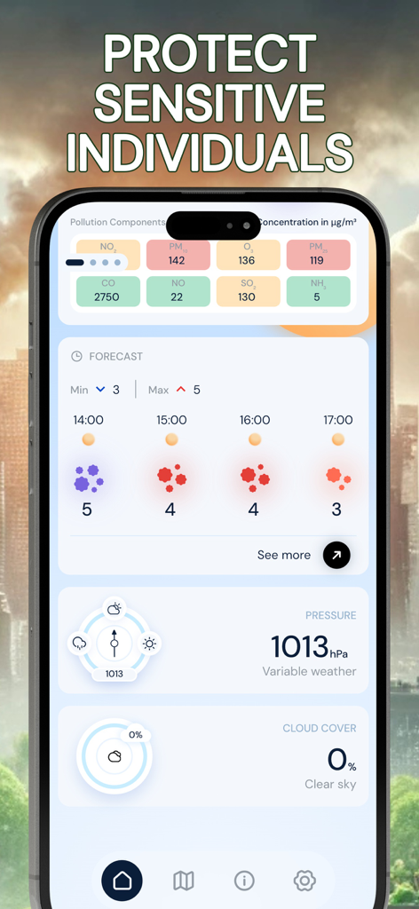 Pollution • Pollen • Widget - Air quality app interface showing pollution components and hourly forecast to protect sensitive individuals.