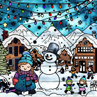 christmas village with lots of lights and snow and children playing and snowman