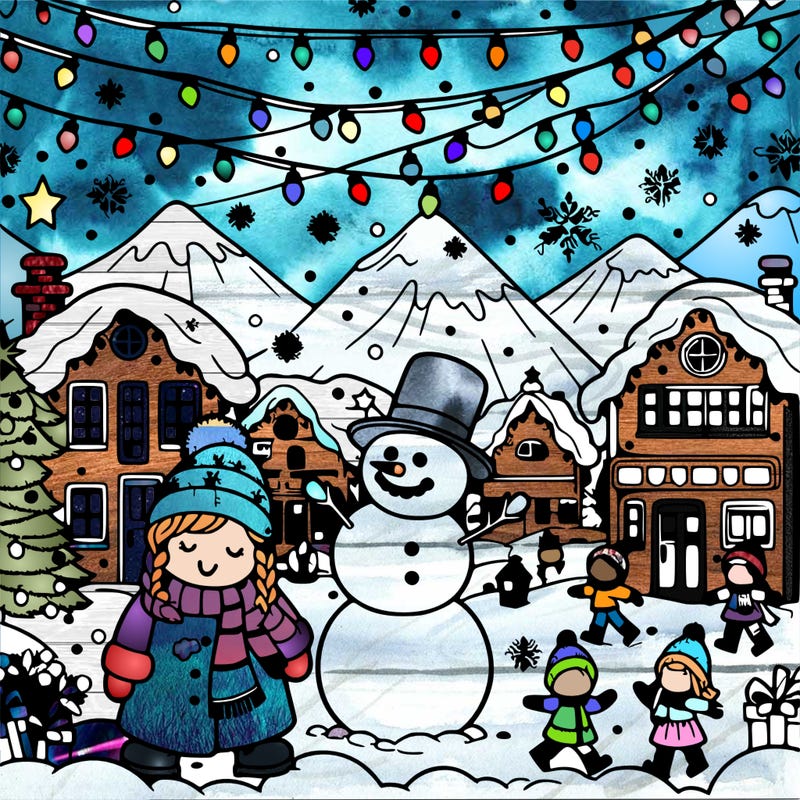 christmas village with lots of lights and snow and children playing and snowman