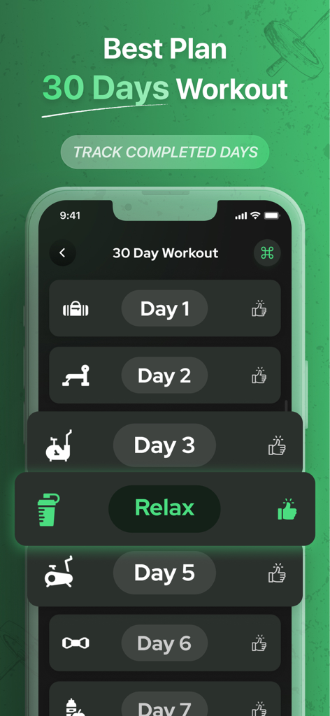 30 Day Workout - Home Fitness - Mobile app interface showing a structured 30 day fitness plan with daily exercise tracking and rest days