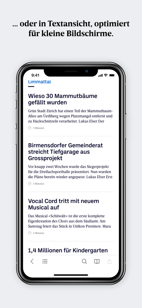 Limmattaler Zeitung E-Paper - iPhone, das die Limmattaler Zeitung E-Paper App in der mobilen Textansicht mit lokalen Schweizer Nachrichtenartikeln anzeigt.
