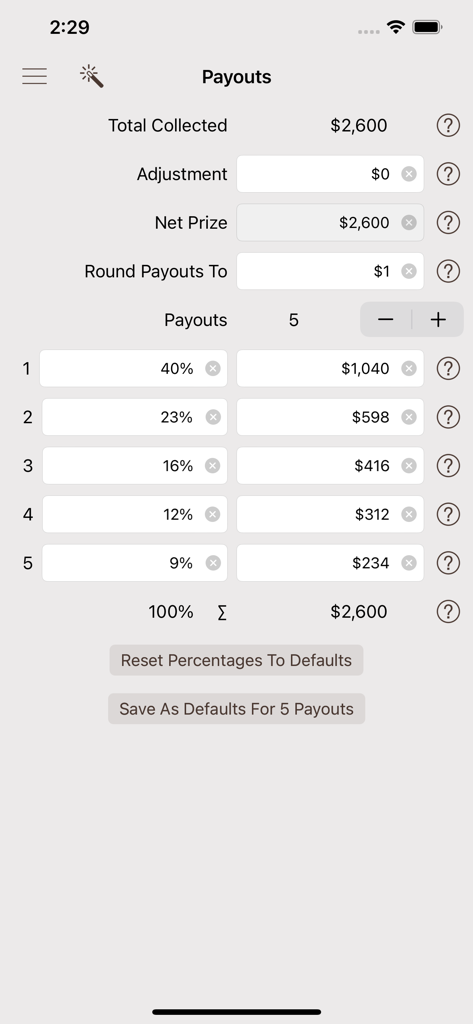 Poker tournament payout calculator screen showing prize distribution for five players