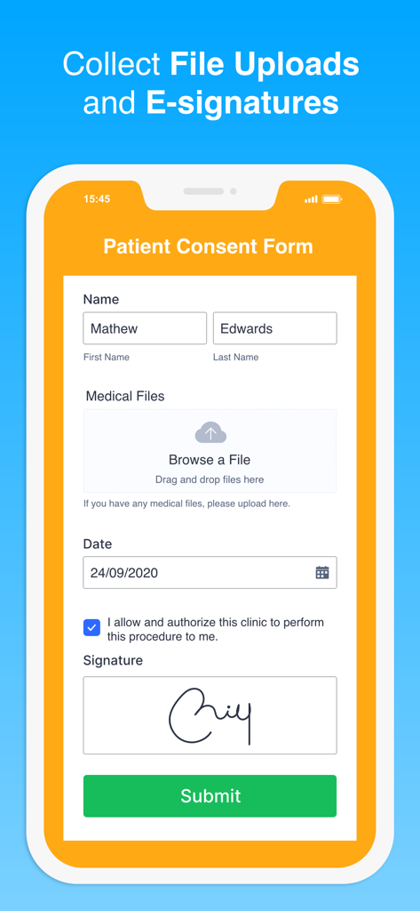 Jotform Health - Medical Forms - Digital patient consent form showing electronic signature and medical file upload fields.