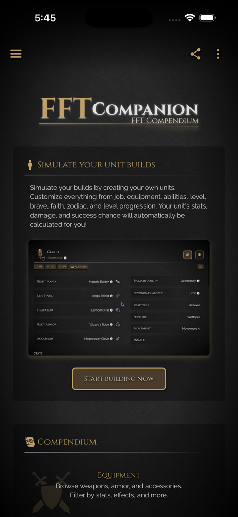 FFT Companion - FFT Companion app interface showing character unit build simulation and equipment planning