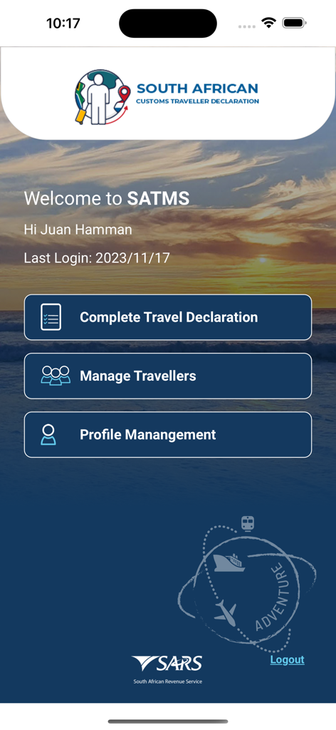 Welcome screen of the SA Traveller Management System app with travel declaration buttons