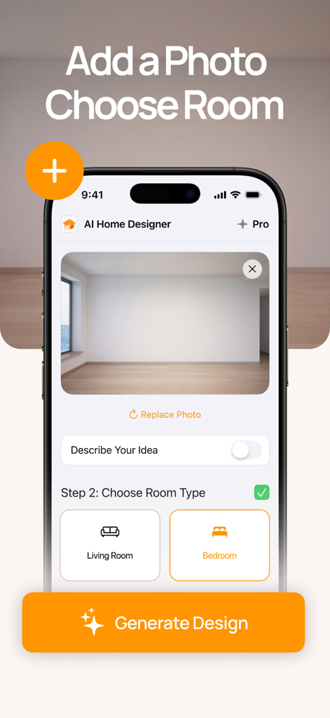 Interface de l'application Aalto montrant l'étape de téléchargement d'une photo de pièce et de sélection entre salon ou chambre pour la conception d'intérieur par IA.