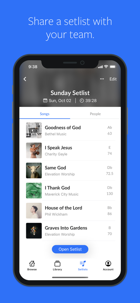 MultiTracks.com ChartBuilder - ChartBuilder app interface displaying a Sunday worship setlist with song titles and team sharing options