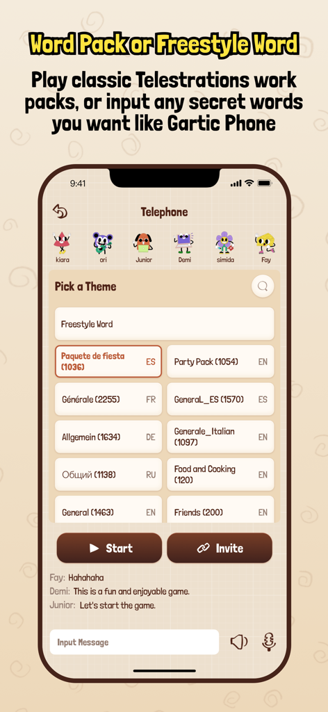 TeleDraw: Telephone Pictionary - TeleDraw game lobby screen showing word pack categories and online player avatars