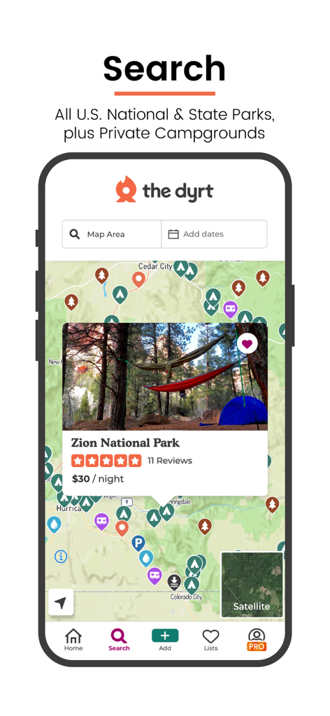 Mobile app interface of The Dyrt showing a map with campsite pins and a preview card for Zion National Park including photos and pricing.