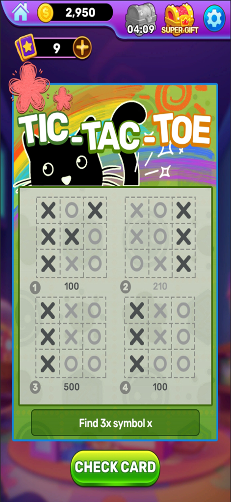 Daily Scratch:Fortune Flick - 黒猫のマスコットと4つのゲームグリッドを備えた、三目並べをテーマにしたデジタルスクラッチカード。