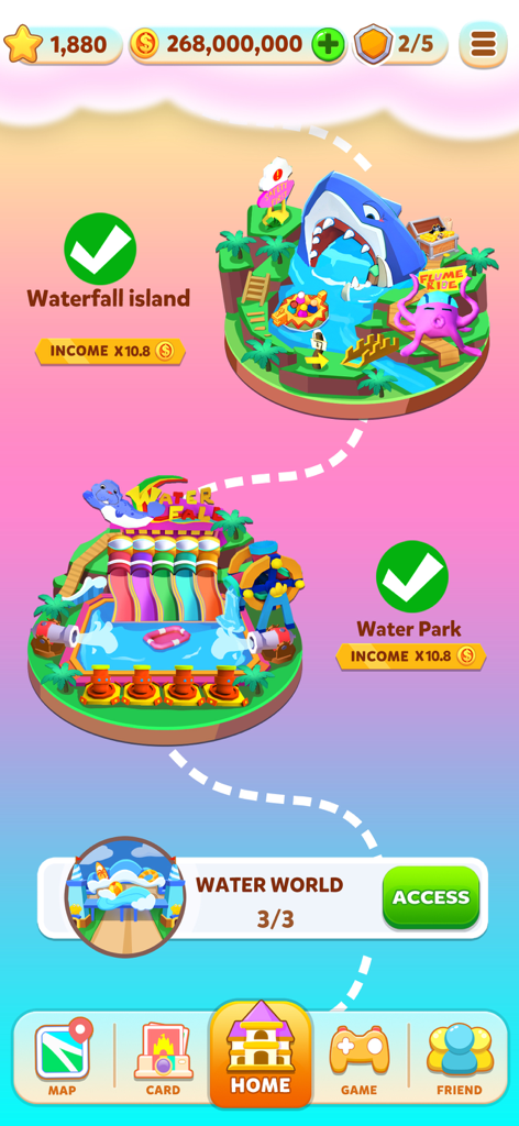 Carnival Tycoon: Coin Games - Vista del mapa de Carnival Tycoon que muestra islas temáticas como Waterfall Island y Water Park con una ruta de progresión.