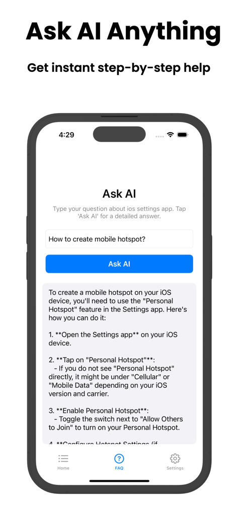 Settings App For Phone - Uma tela de smartphone mostrando um assistente de IA fornecendo instruções passo a passo sobre como criar um ponto de acesso móvel.