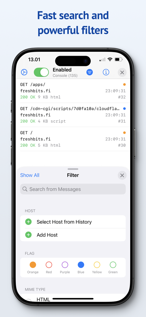 Proxygen app screenshot showing search and filter options for network traffic messages