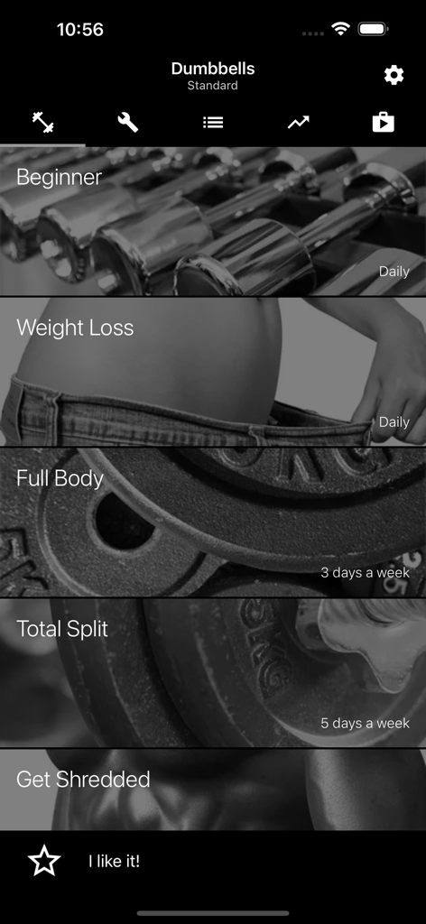 Dumbbell Home Workout app interface featuring various preset training programs