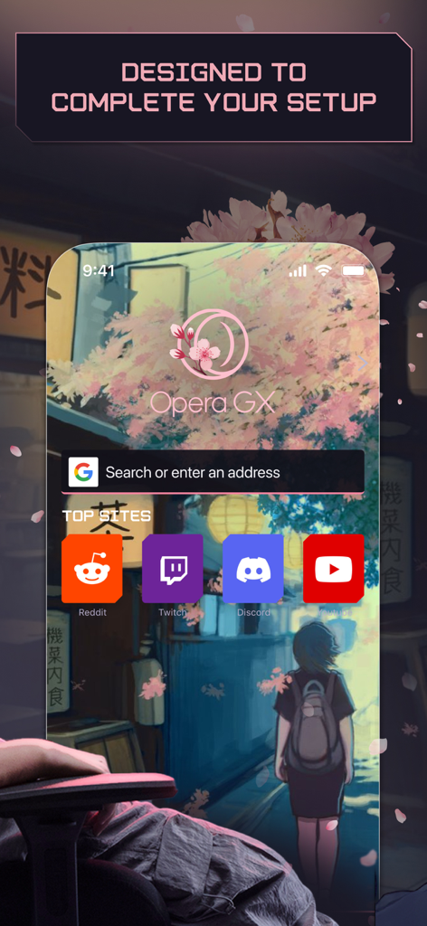 Opera GX - Interfaz del navegador móvil Opera GX mostrando un tema personalizado de cerezo en flor para juegos con accesos directos a Reddit Twitch Discord y YouTube