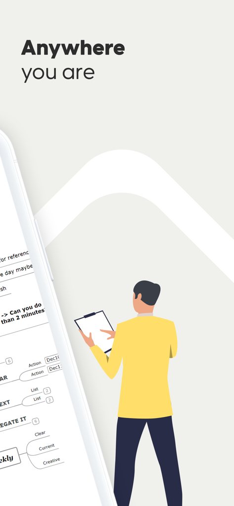 Mind Map Maker - Mindomo - An illustration of a man using the Mindomo app on a smartphone with the text Anywhere you are.