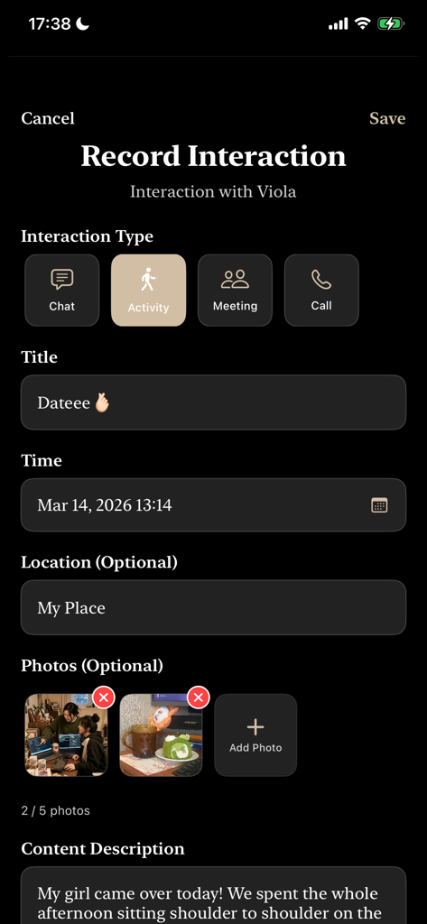 Momento: Friends Journal - A screenshot of the Momento app interface for recording a social interaction with a friend named Viola, featuring options for interaction type, title, time, location, photos, and a personal description.