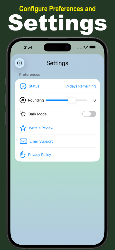 Screenshot showing the settings and preferences menu of the Tapered Labels app on an iPhone