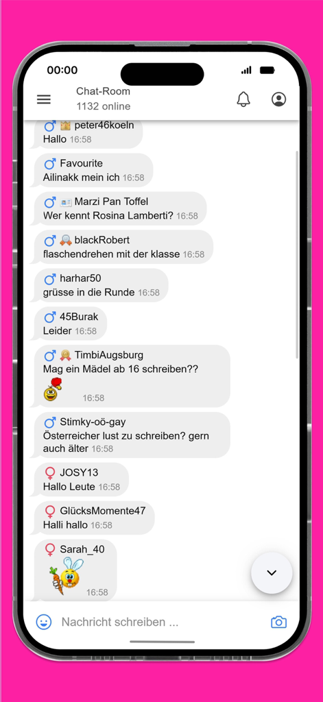 ChatRoom2000 - Chat & Flirt - Mobile app screenshot of ChatRoom2000 showing a live anonymous chat session with multiple users