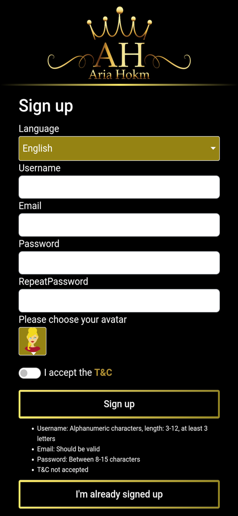 Sign up page for Aria Hokm card game featuring registration fields for language, username, email, and password.